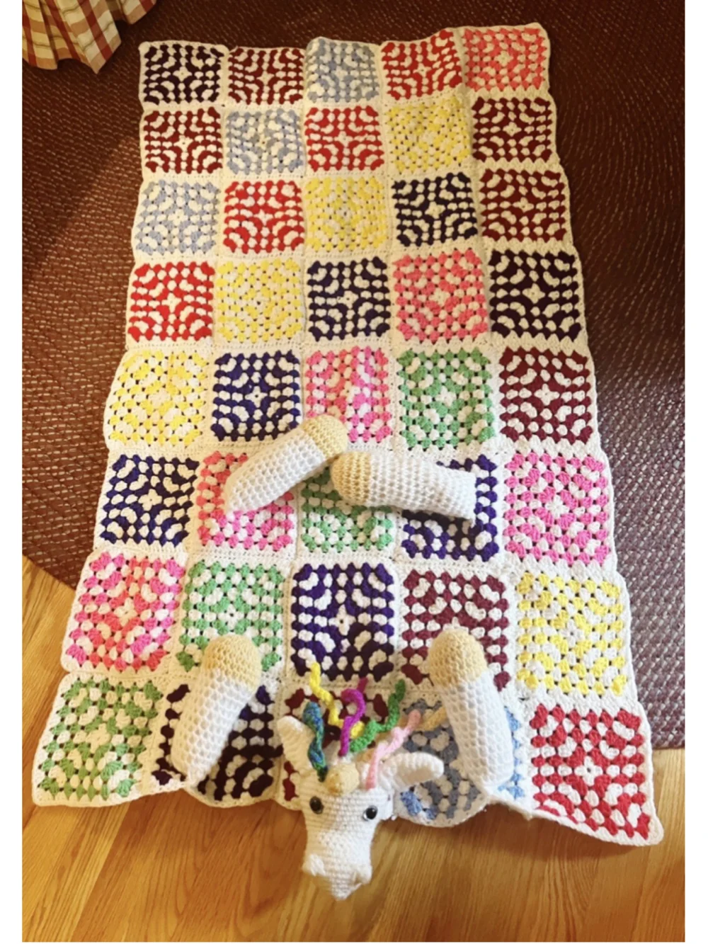 Handmade Crochet Amigurumi Unicorn Blanket Granny Squares 31” X 53” Multicolored